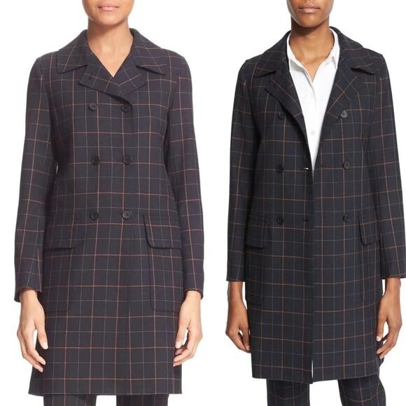 Theory Abla tile check plaid double breasted wool blend long trench coat size XS - Picture 1 of 7